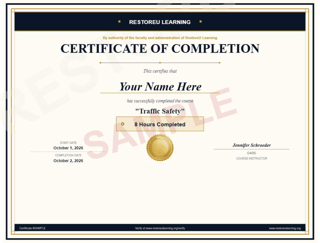 Sample Traffic Safety Certificate of Completion